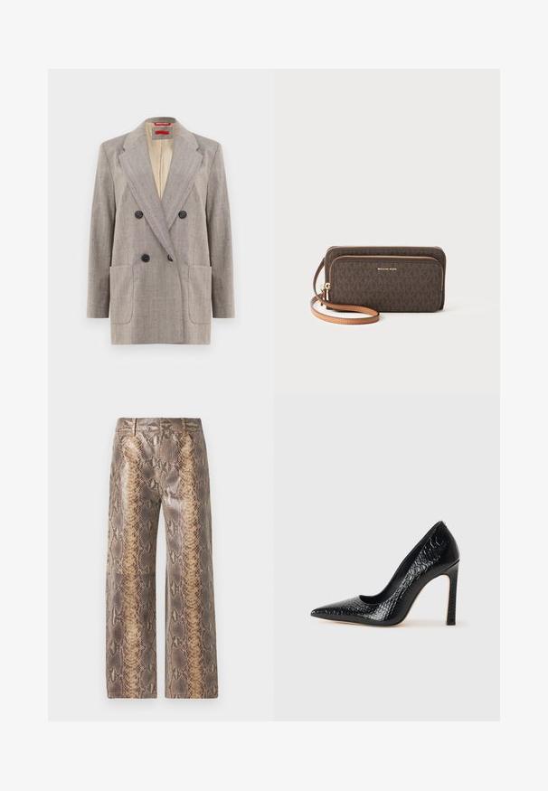 Dwurzędowa marynarka w jasnoszarym kolorze z teksturowanej tkaniny, z klapami typu notch, dwoma przednimi kieszeniami i czarnymi guzikami. Wnętrze podszyte beżem.; Czarny top na ramiączkach z cienkimi spaghetti, wykonany z żebrowanej tkaniny, z prostym krojem i metką przy wycięciu na szyję z napisem "IVY OAK."; Spodnie w wzór węża w kolorze brązowym i beżowym, z szerokimi nogawkami, gładką fakturą oraz kontrastowym materiałem w wzory, tworzącym odważny wygląd.; Czarne szpilki z ostrym noskiem, pokryte teksturą skóry krokodyla, charakteryzujące się eleganckim wzornictwem, wysokim obcasem w stylu stiletto oraz gładkim czarnym wnętrzem.; Brązowy portfel w wzory z zamknięciem na zamek, złotymi elementami i odczepianym beżowym paskiem. Na przodzie widnieje logo "MICHAEL KORS".