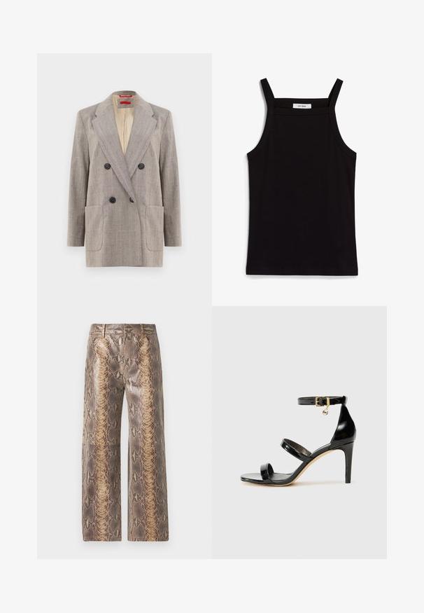 Dvojradový blejzer vo svetlo šedej farbe s textúrovanou látkou, s klopami, dvoma prednými vreckami a čiernymi gombíkmi. Interiér podšitý béžovou látkou.; Čierny tielko s tenkými ramienkami, vyrobené z rebrovanej tkaniny, s rovnými okrajmi a označením na výstrihu s nápisom "IVY OAK."; Nohavice s hadím vzorom v hnedej a béžovej farbe, s širokým strihom, hladkou textúrou a kontrastnou vzorovanou látkou pre odvážny vzhľad.; Čierne lakované sandále s tromi pásikmi, spona na členku a 10 cm ihlovým podpätkom. Obsahujú zlaté detaily s hardwarem a logo prívesok.