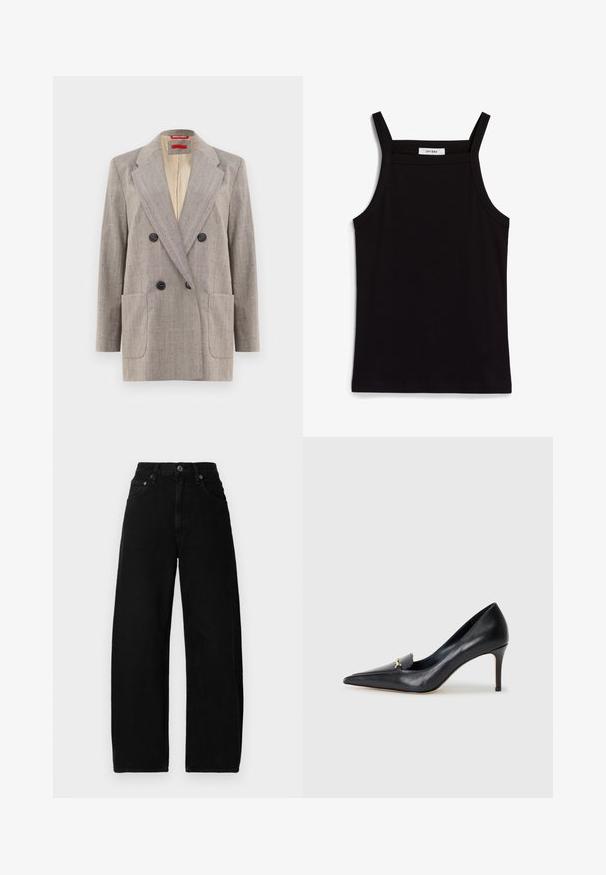 Blazer de dois botões em cinza claro com tecido texturizado, lapelas notched, dois bolsos frontais e botões pretos. Interior forrado em bege.; Camisola preta de alças finas em tecido canelado, com corte reto e uma etiqueta no decote que diz "IVY OAK."; Jeans largos de ganga preta com uma cintura alta, apresentando um fecho frontal com botão, bolsos e uma textura suave e mate.; Sapatilha de couro preto com bico fino, vamp baixo e um detalhe decorativo em ouro. Apresenta um salto agulha e uma textura suave.