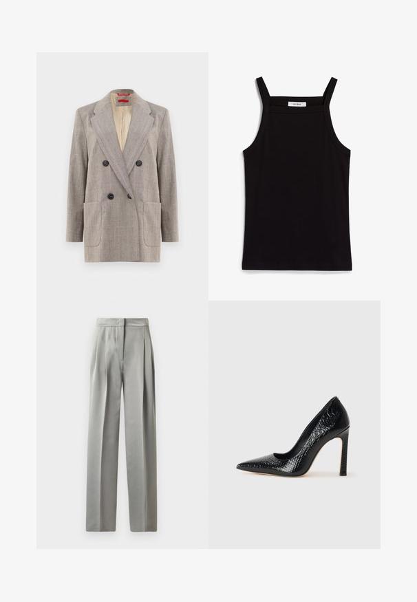 Double-breasted blazer in light gray with textured fabric, notched lapels, two front pockets, and black buttons. Interior lined in beige.; Black tank top with thin spaghetti straps, made of a ribbed fabric, featuring a straight cut and a label at the neckline reading "IVY OAK."; Light gray tailored trousers with a smooth texture, featuring pleats at the front, a wide leg design, and a fitted waistband.; Black pointed-toe high heel shoe with a crocodile-skin texture, featuring a sleek design, high stiletto heel, and smooth black interior.