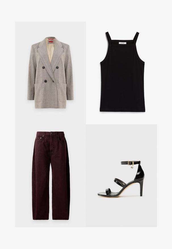 Divkāršu blazeri gaiši pelēkā krāsā ar teksturētu audumu, ar grieztiem apkaklēm, divām priekšējām kabatām un melniem pogām. Iekšpuse izklāta ar bežā krāsā.; Melna tops ar plānām spaghetti siksniņām, izgatavots no ribota auduma, ar taisnu griezumu un uzrakstu uz kakla izgriezuma "IVY OAK."; Bordo platleņķa džinsi no kokvilnas denima, ar augstu jostasvietu, priekšējiem kabatām un redzamu šuvju. Klasisks piecu kabatu dizains.; Melnas lakota ādas sandalēs ar trim siksnām, potītes sprādzi un 4 collu stiletto papēdi. Iespējas ar zelta detaļām un logotipa piekariņu.