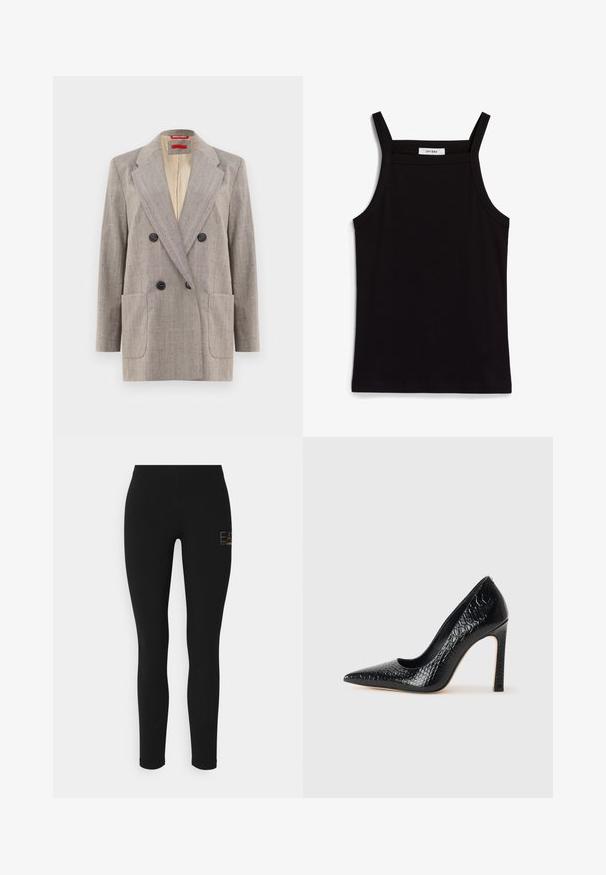 Blazer de dois botões em cinza claro com tecido texturizado, lapelas notched, dois bolsos frontais e botões pretos. Interior forrado em bege.; Camisola preta de alças finas em tecido canelado, com corte reto e uma etiqueta no decote que diz "IVY OAK."; Leggings pretos com um corte ajustado, feitos de material elástico, apresentando um logótipo em dourado no lado esquerdo. Textura suave, design de comprimento total.; Sapato de salto alto de bico fino preto com textura de pele de crocodilo, apresentando um design elegante, salto agulha alto e interior preto suave.