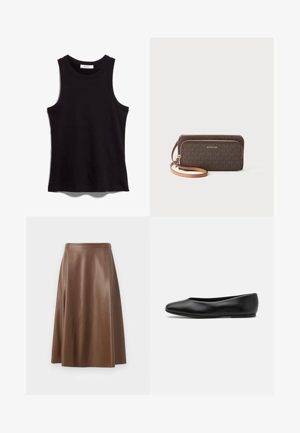 Dobbeltknappet blazer i lysegrå med tekstureret stof, vendte revers, to frontlommer og sorte knapper. Indersiden foret i beige.; Sort tanktop lavet af ribbet stof. Har en rundt halsudskæring og brede ærmegab. Lige søm med syede detaljer. Enkel design.; Brun læder A-line nederdel med en glat tekstur og en mellemlang kant. Har en tætsiddende talje og en let flair fra hoften.; Paul Smith TOPANGA - Ballerinasko - black; Brun mønstret pung med lynlåslukning, gyldent hardware og en aftagelig beige rem. Har "MICHAEL KORS" logoen på fronten.