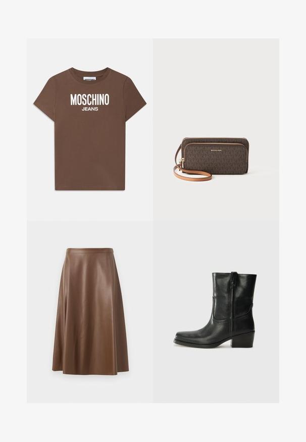 Divkāršu blazeri gaiši pelēkā krāsā ar teksturētu audumu, ar grieztiem apkaklēm, divām priekšējām kabatām un melniem pogām. Iekšpuse izklāta ar bežā krāsā.; Brūns kokvilnas T-krekls ar īsām piedurknēm. Uz priekšējās daļas ir balts "MOSCHINO JEANS" logo. Klasisks apaļais kakla izgriezums.; Brūna ādas A-veida svārki ar gludu tekstūru un vidēju garumu. Iezīmēts ar piegulstošu jostasvietu un nelielu izplešanos no gurniem.; Melna ādas potīte ar noapaļotu purngalu, bloku papēdi, sānu rāvējslēdzēju un šuvju akcentiem uz virsmas. Gluda tekstūra, klasiskā dizaina.; Brūns rakstains maku ar rāvējslēdzēju, zelta detaļām un noņemamu gaiši brūnu siksniņu. Priekšpusē ir "MICHAEL KORS" logo.