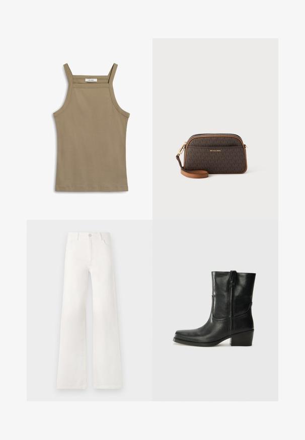 Dvoredna sako jakna u svijetlosivoj boji s teksturiranim materijalom, izrezanim reverima, dva prednja džepa i crnim dugmadi. Unutrašnjost obložena bež bojom.; Maslinasti top bez rukava s tankim naramenicama, rebrastom teksturom i ravnim rubom. Oznaka na izrezu čita "IVY OAK".; Bijele, visokotalasne široke traperice. Imaju kopčanje na dugme, dva prednja džepa i bočne šavove s detaljima šivanja.; Crne kožne čizme do članaka s okruglim vrhom, blok potpeticom, bočnim patentnim zatvaračem i detaljima od šavova na gornjem dijelu. Glatka tekstura, klasičan dizajn.; Smeđa crossbody torba s monogram uzorkom, svijetlosmeđim detaljima, zlatnim hardverom, zatvaranjem na zip i podesivom kožnom trakom.