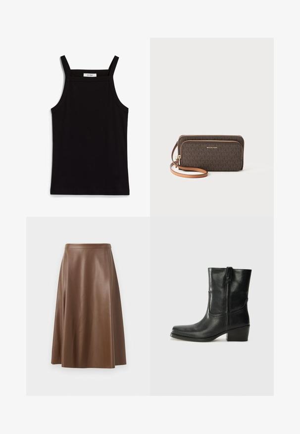 Dwurzędowa marynarka w jasnoszarym kolorze z teksturowanej tkaniny, z klapami typu notch, dwoma przednimi kieszeniami i czarnymi guzikami. Wnętrze podszyte beżem.; Czarny top na ramiączkach z cienkimi spaghetti, wykonany z żebrowanej tkaniny, z prostym krojem i metką przy wycięciu na szyję z napisem "IVY OAK."; Brązowa skórzana spódnica w kształcie litery A o gładkiej fakturze i długości midi. Posiada dopasowany pas w talii i lekko rozszerza się od bioder.; Czarne skórzane botki za kostkę z okrągłym noskiem, słupkowym obcasem, bocznym zamkiem i przeszyciami na cholewce. Gładka tekstura, klasyczny design.; Brązowy portfel w wzory z zamknięciem na zamek, złotymi elementami i odczepianym beżowym paskiem. Na przodzie widnieje logo "MICHAEL KORS".