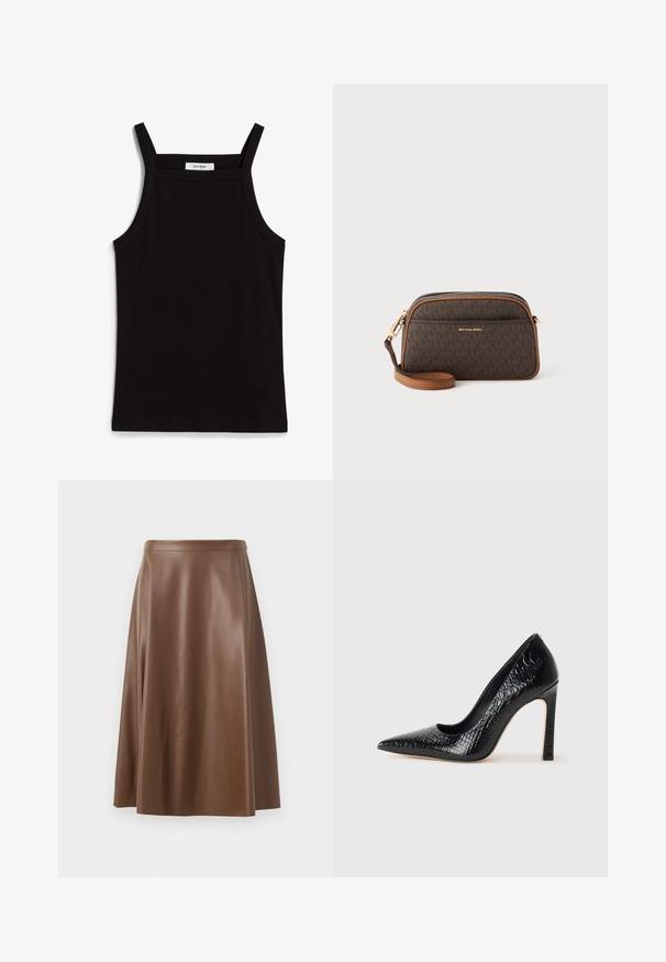 Double-breasted blazer in light gray with textured fabric, notched lapels, two front pockets, and black buttons. Interior lined in beige.; Black tank top with thin spaghetti straps, made of a ribbed fabric, featuring a straight cut and a label at the neckline reading "IVY OAK."; Brown leather A-line skirt with a smooth texture and a mid-length hem. Features a fitted waistband and a slight flare from the hips.; Black pointed-toe high heel shoe with a crocodile-skin texture, featuring a sleek design, high stiletto heel, and smooth black interior.; Brown crossbody bag with a monogram pattern, tan accents, gold hardware, a zip closure, and an adjustable leather strap.