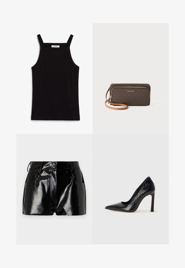 Heled kohalike õmblustega hall kahe nööbiga bleiser, millel on tekstureeritud kude, lõigatud krae, kaks esist pocketit ja mustad nupud. Sisevooder on beež.; Must must vest, mille õhukeste spagettiratastega, ribakanga materjalist, sirge lõikega ja kaela piirkonnas sildi "IVY OAK".; Mustad, läikivad lühikesed püksid sünteetilisest materjalist. Omab kitsast piha, vöölõike ja esimesi taskuid, millel on silmapaistvad õmbluse detailid.; Mustan teravaotsaga kõrge kontsaga king, millel on krokodillimustriga tekstuur, stiilne disain, kõrge stilettokonts ja sile must sisesisustus.; Pruun mustriga rahakott, millel on tõmbluku sulg, kuldne riistvara ja eemaldatav helepruun rihm. Ees on "MICHAEL KORS" logo.