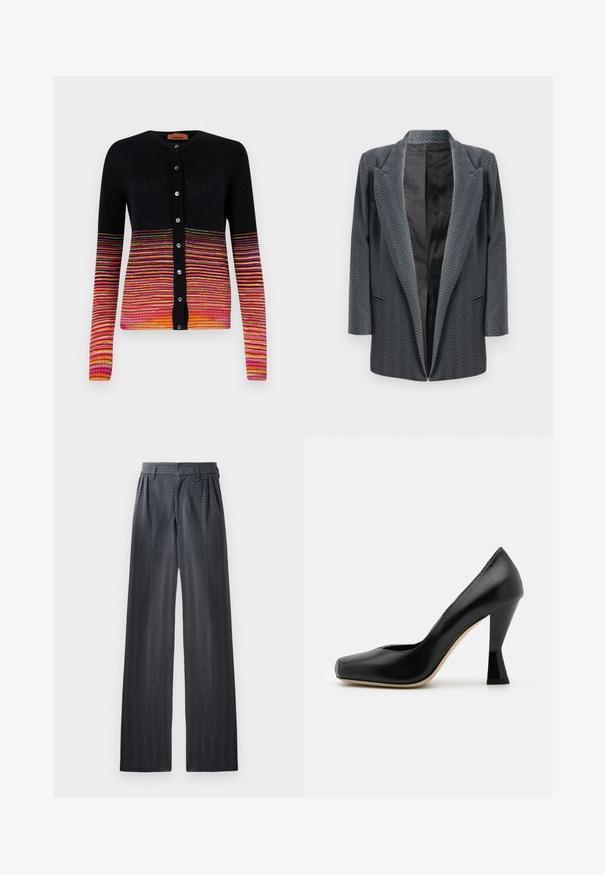 Marynarka w ciemnoszarym kolorze z wzorem w jodełkę, z klapami, otwartym przodem i długimi rękawami. Gładka podszewka.; Czarny kardigan z gradientem poziomych pasków w kolorach różowym, pomarańczowym i żółtym. Posiada okrągły dekolt i zapięcie na guziki.; Top bez rękawów z wysokim falbanym dekoltem, w poziome paski z wielokolorowej koronkowej tkaniny w odcieniach różu, zieleni, brązu i żółci.; Spodnie o szerokich nogawkach w ciemnoszarym kolorze z wzorem w jodełkę, z elastycznym pasem i gładką teksturą, zaprojektowane z myślą o komforcie i wszechstronności.; Czarna skórzana szpilka z kwadratowym noskiem i unikalnie ukształtowanym, błyszczącym czarnym obcasem. Gładka tekstura i prosty design.