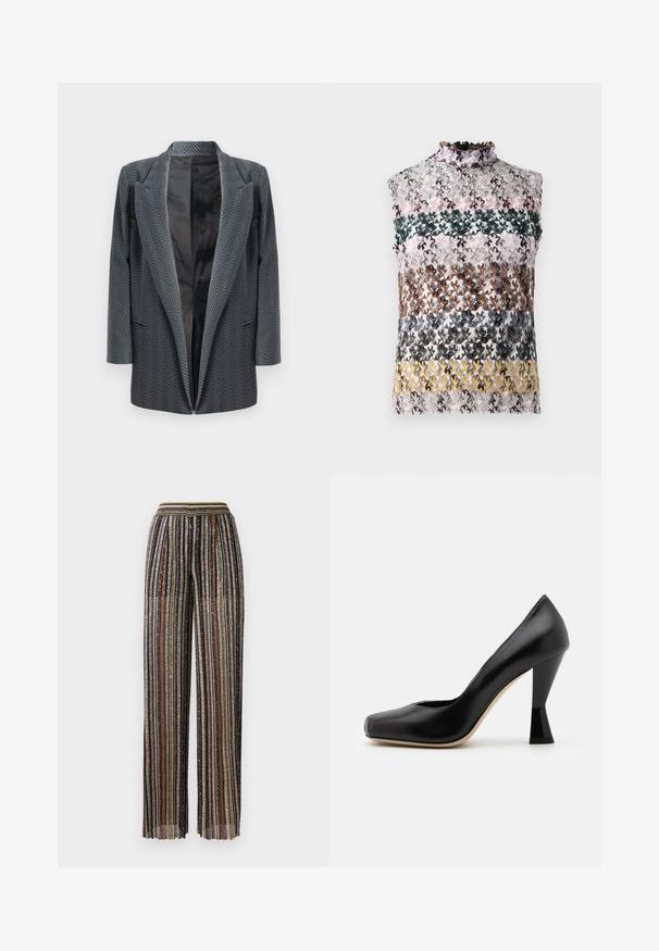 Blazer in dark gray with a herringbone pattern, featuring a notched collar, open front, and long sleeves. Smooth interior lining.; Sleeveless top with a high ruffled neckline, featuring horizontal stripes of multicolored floral lace in pink, green, brown, and yellow.; Pleated wide-leg trousers with multicolored metallic stripes, featuring a black base and an elastic waistband with a striped design.; Black leather high-heeled shoe with a square toe and a uniquely shaped glossy black heel. Smooth texture and simple design.