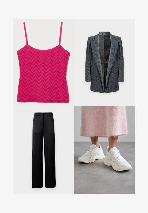 Sötét szürke blézer harisnyás mintával, hajtott gallérral, nyitott elejű és hosszú ujjú. Simító bélés.; Rózsaszín ujjatlan felső vékony pántokkal, cikk-cakk mintával, texturált anyagban. Egyenes szegély, egyszerű dizájn és élénk szín.; Széles lábú fekete nadrág, texturált felülettel, lapos derékkal és két oldalsó zsebbel. Az anyag könnyűnek és légiesnek tűnik.; Fehér sportcipők hálós és bőr anyagból, lekerekített orral és párnázott talppal. Felsőrészen fűzők és márkanevével ellátott nyelv található.
