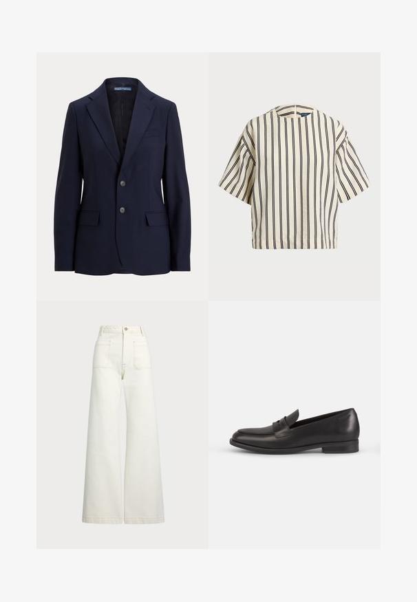 Tumedat sinise värvusega sätitud bleiser, mis on valmistatud siledast kangast, millel on lõigatud krae, kaks esist pocketit ja kahe nööbiga esiklapp.; Kreemjas ja tumesinises triibuline lühikeste varrukatega top, millel on ümmargune kaelus ja kastmine disain, valmistatud tekstuurses kangas.; Laiad teksad heledast denimist. Kõrge vöökoht, nööbivöö, kaks esikotitäit ja kontrastsed õmblused.; Mustad nahast loafers, millel on ümar varvas, dekoratiivne õmblus ja madal ploki kand. Omab siledat tekstuuri ja minimalistlikku disaini.