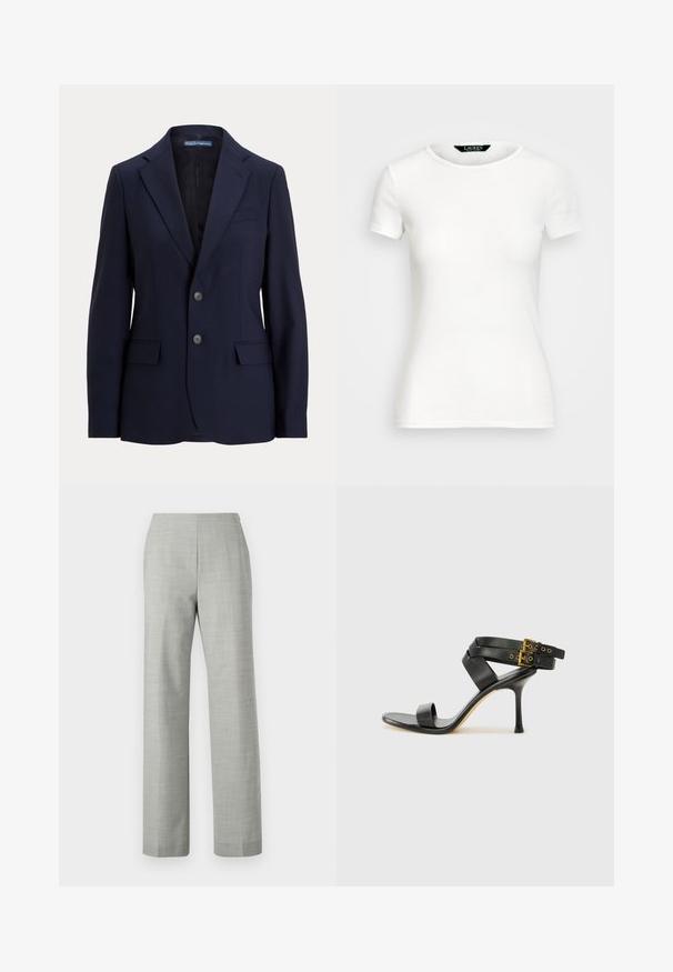 Sötétkék, szabott zakó sima anyagból, melynek állása egy bemetszett gallér, két elülső zseb és két gombos elülső zárás.; Fehér pamut póló rövid ujjakkal, kerek nyakkal, fazonra szabott kialakítással és sima textúrával. Logó címke a nyakkivágásnál.; Szürke, egyenes szárú, testre szabott nadrág, texturált anyagból készült. Simára varrott derékrésszel és letisztult, minimalista megjelenéssel rendelkezik.; Fekete magassarkú szandál keresztpántos dizájnnal és állítható csattal. Simább felülettel és hegyes tűsarkúval rendelkezik.
