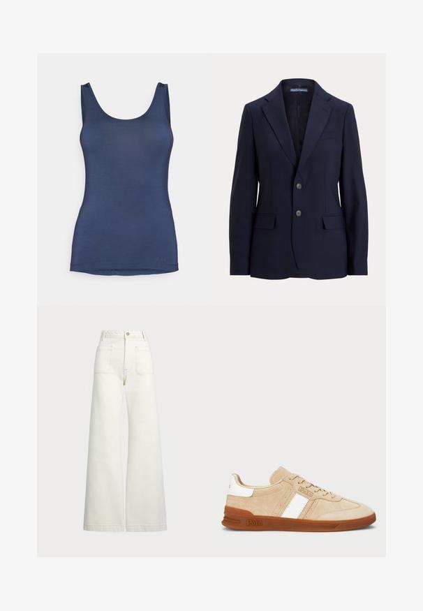 Námornícky modrý strihaný blazer vyrobený z hladkej látky, s klopovým golierom, dvoma prednými vreckami a zapínaním na dva gombíky.; Námornícky modré tielko vyrobené zo hladkej, elastickej látky, s výstrihom do oblúka a úzkym strihom. Diskrétne logo pri leme.; Džínsy s širšími nohavicami v off-white denim. Vysoký pás s gombíkovým zapínaním, dve predné vrecká a kontrastné švy.; Béžové semišové tenisky s bielymi bočnými pruhmi, gumovou podrážkou a šnurovaním. Majú embosovaný logom na jazyku a päte.