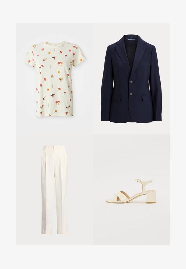 Blazer ajusté bleu marine en tissu satiné, avec un col cranté, deux poches avant et une fermeture à deux boutons sur le devant.; T-shirt beige clair en coton, arborant un imprimé de champignons dispersés dans diverses couleurs. Col rond et manches courtes.; Polo Ralph Lauren HEMP WIDE LEG PANT - Pantalon classique - nevis; Sandales à talons en cuir verni beige avec un design à brides croisées, bout ouvert, bride de cheville réglable et un talon carré. Texture lisse.