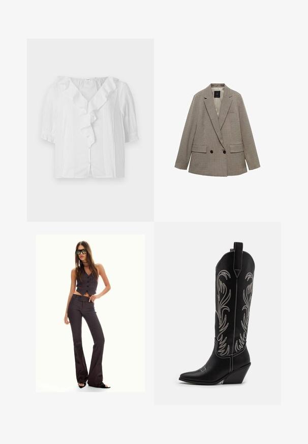 Dvojící sako v kostkovaném vzoru, s barevnou kombinací světle hnědé a tmavě hnědé, obsahující dvě přední kapsy a tlačítkové detaily.; Bílá krátkosrstá blůza s volánkovým výstřihem, předním zapínáním na knoflíky a vertikálním pruhovaným vzorem na jedné straně. Měkká, lehká tkanina.; Hnědý pruhovaný zkrácený vest a rozšířené kalhoty, s knoflíky a texturovanou látkou. Černé otevřené boty na podpatku a oversized sluneční brýle.; Černé kožené kovbojské boty s špičatými špičkami, podpatky ve tvaru klínu a stříbrně vyšívanými květinovými vzory po celé délce. Kontrastní prošívání po celém obvodu.