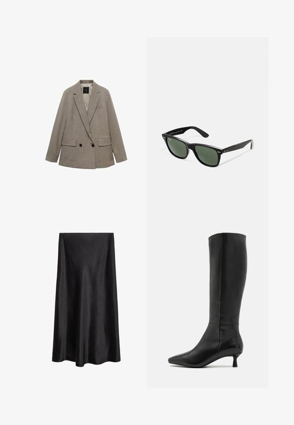 Double-breasted blazer in a checkered pattern, featuring a light tan and dark brown color scheme, with two front pockets and button accents.; Black long-sleeve turtleneck. Soft fabric, fitted design, high collar, and side seams. Simple and versatile style suitable for layering.; Mango A-line skirt - black; Zign Boots - black; Black plastic sunglasses with green lenses, square frames, silver accent on the brow, and textured temple arms. Stated brand on inner arm.