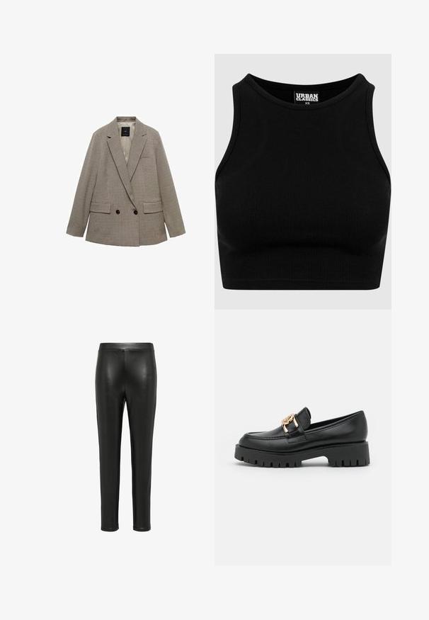 Doppeltknopf Blazer im karierten Muster, mit einer hellbraunen und dunkelbraunen Farbgebung, zwei vorderen Taschen und Knopfakzenten.; Schwarzes geripptes Cropped-Top mit rundem Ausschnitt und ärmellosem Design. Hergestellt aus einem dehnbaren, strukturierten Stoff. Etikett mit der Aufschrift "Urban Classics."; Schwarze Lederleggings mit einer taillierten Passform, glatter Textur und hoher Taille. Die Beine verjüngen sich bis zur Knöchellänge, ohne sichtbare Hardware.; Schwarze Lederloafers mit einer dicken Sohle und goldenen Hardware-Akzenten; verfügen über eine abgerundete Spitze und eine gestickte Detailverarbeitung entlang des Obermaterials.