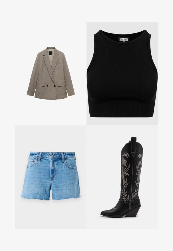 Blazer croisé à motif écossais, présentant une palette de couleurs beige clair et marron foncé, doté de deux poches avant et de détails avec des boutons.; Top court côtelé noir avec un col rond et sans manches. Fabriqué en tissu extensible et texturé. Étiquette mentionne "Urban Classics."; Shorts en denim bleu clair, avec un ourlet brut, un design à cinq poches et une fermeture à bouton en laiton. Texture lisse avec un léger effet délavé.; Bottes de cowboy noires en cuir avec des pointes effilées, des talons compensés et des motifs floraux brodés en argent le long du tige. Couture contrastante sur l'ensemble.