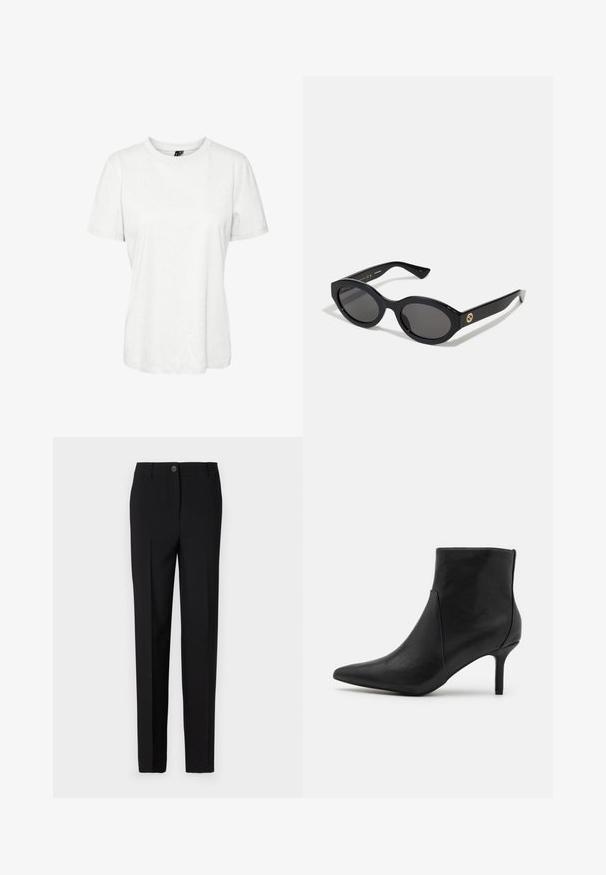 Dubbelknäppt kavaj i rutigt mönster, med en ljusbrun och mörkbrun färgskala, två framfickor och knappdekorationer.; Vit kortärmad t-shirt i bomull med rund halsringning och avslappnad passform. Slät textur utan synliga mönster eller dekorationer.; Svart skräddarsydda byxor med rak passform, utrustade med knappstängning och bälteshällor, tillverkade av ett slätt tyg.; Anna Field Ankelboots - black; Svarta ovala solglasögon med mörka linser och blank plastbåge. Utrustade med en gyllene logotyp på bågen, vilket ger en snygg och modern design.