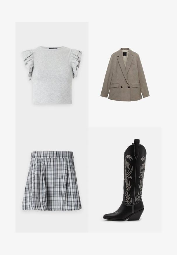 Dwurzędowa marynarka w kratkę, w jasnobeżowo-ciemnobrązowym kolorze, z dwiema przednimi kieszeniami i guzikami.; Szary, żeberkowy, dzianinowy crop top z krótkimi, falbanistymi rękawami i okrągłym dekoltem. Gładka faktura, dopasowany krój i brak widocznych grafik lub wzorów.; Mini spódnica w kratę w szaro-białym kolorze, z plisami i pasem w talii. Wykonana z lekkiego materiału, z pionowymi i poziomymi paskami.; Czarne skórzane kowbojskie buty z wydłużonymi noskami, obcasem typu koturn oraz srebrnymi haftowanymi wzorami kwiatowymi wzdłuż cholewy. Kontrastowe szwy na całej długości.