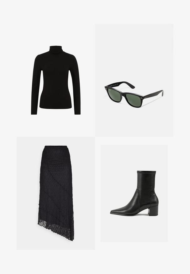 Trellis-colbert met dubbele rij knopen in een geruit patroon, met een lichtbruin en donkerbruin kleurenpalet, voorzien van twee voorzakken en knoopaccenten.; Zwarte coltrui met lange mouwen en een aansluitend ontwerp, gemaakt van zachte, rekbare stof. Glad textuur en minimale details.; ONLY ONLKIM LACE SKIRT - Maxirok - black; Zwarte enkelboot van soepel leer, met een spitse neus, een blokhak en duidelijke verhoogde stiksels aan de bovenrand.; Zwarte plastic zonnebril met groene lenzen, vierkante montuur, zilveren accent op de wenkbrauw en een gestructureerde tempel. Merken vermeld op de binnenkant van de arm.