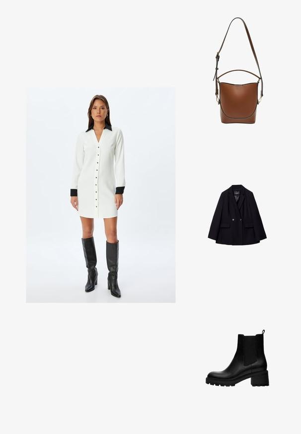 Schwarzer doppelt knopfbarer Blazer aus glattem Stoff. Verfügt über Schößchen mit Einschnitten, zwei vordere Taschen und zwei runde Knöpfe.; Weißes Hemdblusenkleid mit schwarzem Kragen und Manschetten, gerade geschnitten, mit langen Ärmeln und metallischen Knopfakzenten.; Schwarze Leder-Ankelboots mit runder Zehenform, elastischen Seiteneinsätzen und einem klobigen Blockabsatz. Texturierte Sohle für besseren Halt.; Braune Leder-Eimerhandtasche mit gewölbtem Design, ausgestattet mit einem oberen Griff und einem verstellbaren Riemen, goldenen Beschlägen und kontrastierenden Nähten.
