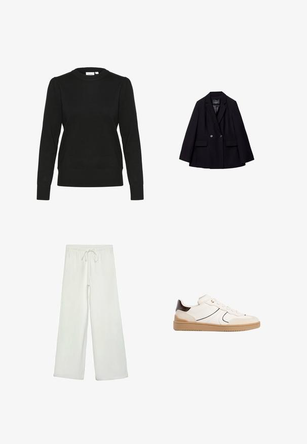 Črn dvoredni suknjič iz gladkega materiala. Ima zarezane reverje, dve sprednji žepni in dva okrogla gumba.; Črna pletena jopica z dolgimi rokavi, okroglo izrezano ovratnikom ter rebrastimi manšetami in robom. Ima nežne pufaste rokave za dodano teksturo.; Bele široke hlače iz mehkega blaga. Imajo elastičen pas s vrvico in gladko teksturo. Brez vidnih vzorcev ali kovinskih delov.; Stradivarius Športni copati - white