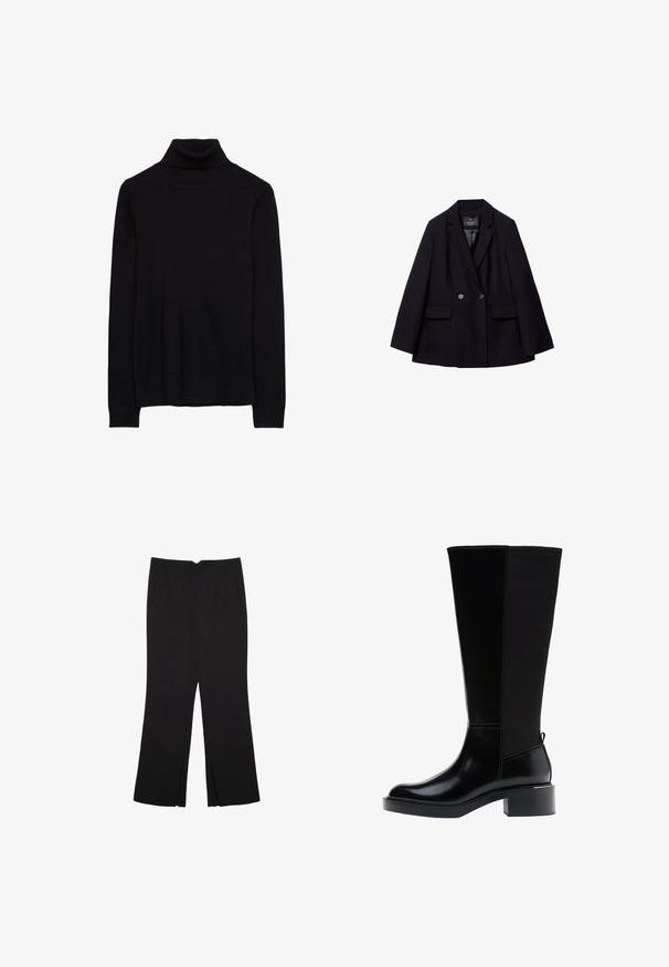 Blazer nero doppiopetto realizzato in tessuto liscio. Presenta rever a punta, due tasche frontali e due bottoni rotondi.; Maglione a collo alto di colore nero in un morbido tessuto a maglia. Presenta maniche lunghe e polsini e orlo a coste. Design semplice e classico senza motivi.; Pantaloni neri a gamba dritta, con tasche frontali e spacchi laterali all'orlo. Realizzati in tessuto morbido e liscio. Adatti a diverse occasioni.; Stivale nero fino al ginocchio in pelle liscia, con evidenti cuciture, tacco spesso e pannello posteriore testurizzato per un tocco di interesse in più.