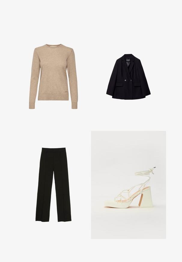 Schwarzer doppelt knopfbarer Blazer aus glattem Stoff. Verfügt über Schößchen mit Einschnitten, zwei vordere Taschen und zwei runde Knöpfe.; Beige Langarmpulli mit Rundhalsausschnitt, aus weichem, strukturiertem Stoff, mit einem dezenten Logo-Akzent am Saum.; Schwarze weit geschnittene Hosen aus glattem Stoff, ausgestattet mit einem taillierten Bund und dezenten vorderen Falten für zusätzliche Struktur.; Weiße High-Heel-Sandale mit einem klobigen Absatz, die über ein Riemchendesign und ein Knöchelband verfügt. Glatte Textur mit einer Plattform vorne für zusätzliche Höhe.