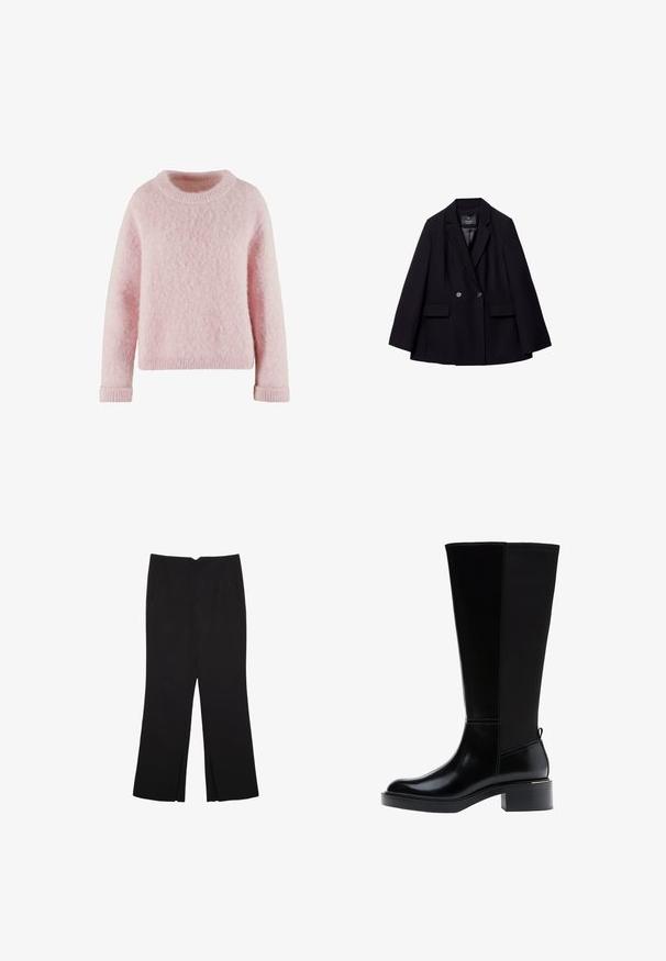 Černý dvouřadý blejzr vyrobený z hladkého materiálu. Obsahuje klopové límce, dvě přední kapsy a dva kulaté knoflíky.; Světle růžový svetr vyrobený z měkkého, nadýchaného materiálu. Má kulatý výstřih a žebrované manžety. Jednoduchý, útulný design bez vzorů.; Černé kalhoty s rovným střihem, s předními kapsami a bočními rozparky na lemu. Vyrobené z jemné, hladké tkaniny. Vhodné na různé příležitosti.; Černá kozačka ke kolenu z hladké kůže, s výrazným prošíváním, robustním podpatkem a texturovaným zadním panelem pro větší zajímavost.