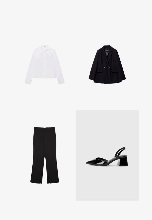 Sort dobbelbrystet blazer lavet af glat stof. Har notched revers, to forlommer og to runde knapper.; Hvid langærmet skjorte med klassisk krave, central knaplukning og glat stof med en let cropped kant.; Sorte bukser med lige pasform, der har frontlommer og slidser i kanten. Lavet af blødt, glat stof. Velegnet til forskellige anledninger.; Sorte patentlæder slingback hæle med spids tå og en geometrisk blok hæl. Har et elegant, minimalistisk design og en glat tekstur.