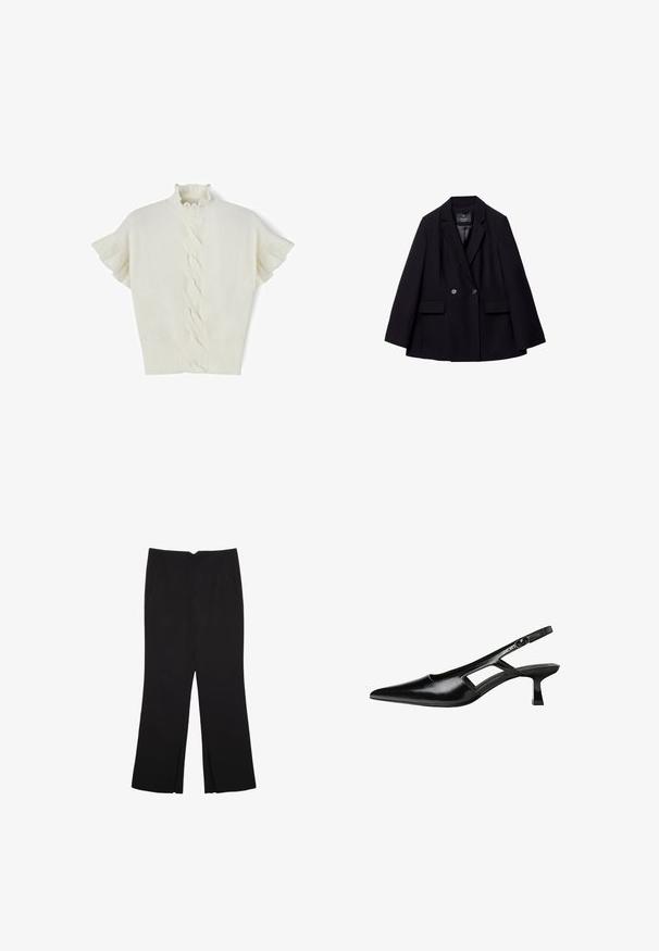 Černý dvouřadý blejzr vyrobený z hladkého materiálu. Obsahuje klopové límce, dvě přední kapsy a dva kulaté knoflíky.; Bílý svetr s krátkým rukávem a pleteným vzorem, zdobený nařaseným výstřihem a ribbovaným lemem. Měkká textura, hladký povrch a charakteristický tkaný vzor uprostřed.; Černé kalhoty s rovným střihem, s předními kapsami a bočními rozparky na lemu. Vyrobené z jemné, hladké tkaniny. Vhodné na různé příležitosti.; Černé lakované lodičky na podpatku se špičatou špičkou, výřezovým designem na boku a malým čtvercovým podpatkem. Hladká textura s minimálními akcenty.