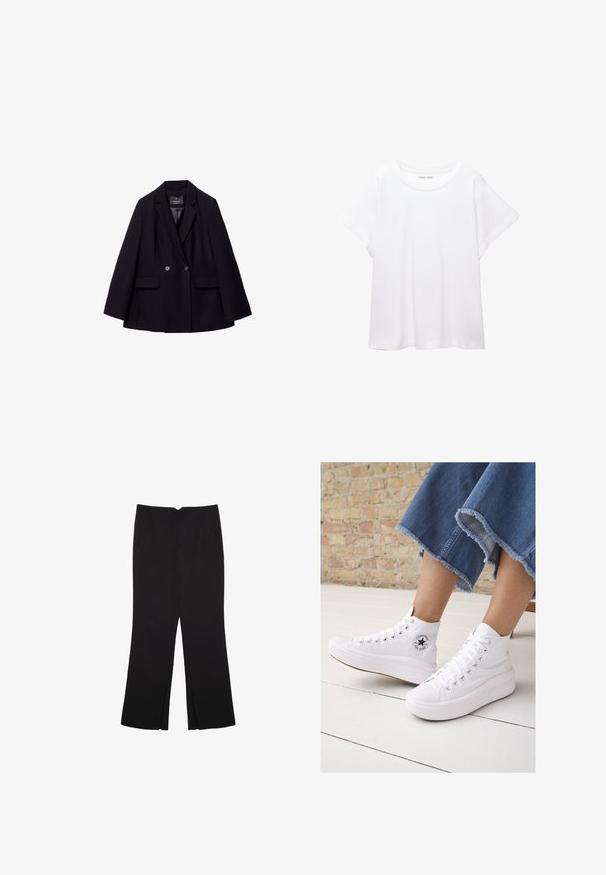 Crni dvostruko kopčani sako napravljen od glatkog materijala. Ima rever s izrezom, dvije prednje džepove i dva okrugla dugmeta.; Bijela majica od mekane, lagane tkanine. Ima okrugli izrez i kratke, široke rukave s ležernim krojem. Bez vidljivih uzoraka.; Crne hlače ravnog kroja, s prednjim džepovima i bočnim prorezima na rubu. Izrađene od mekog i glatkog materijala. Pogodne za razne prigode.; Bijele visoke tenisice od platna s gumenenim potplatom, sadrže srebrne rupice, okruglu oznaku i teksturiranim platformom.