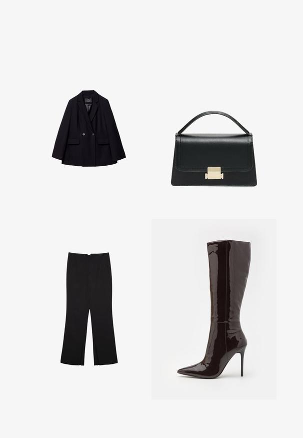 Blazer noir à double boutonnage en tissu lisse. Caractéristiques: revers crantés, deux poches avant et deux boutons ronds.; Top court sans manches noir en tissu lisse, avec un col rond et un design épuré, simple, sans motifs ni accessoires.; Pantalon noir avec une coupe droite, doté de poches avant et d'éclairs sur l'ourlet. Fabriqué en tissu doux et lisse. Convient à diverses occasions.; Even&Odd Bottes à talons hauts - dark brown; Sac à main en cuir noir au design structuré, avec une poignée supérieure et un détail de fermoir en métal doré à l'avant. Texture lisse, couture minimale.