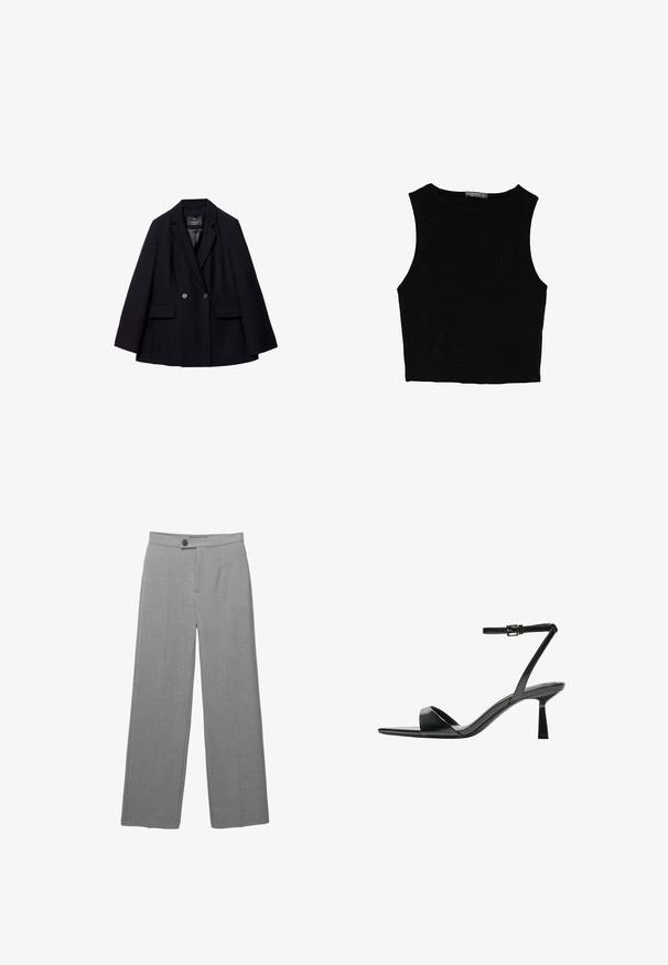 Musta kaksirivinen bleiseri, joka on valmistettu sileästä kankaasta. Ominaisuuksiin kuuluvat lovetut pussit, kaksi etupistettä ja kaksi pyöreää nappia.; Musta hihaton crop-top, joka on valmistettu sileästä kankaasta, jossa on pyöreä kaula-aukko ja siisti, yksinkertainen muotoilu ilman kuvioita tai varusteita.; Harmaat räätälöidyt housut, joissa on leveä lahje, litteä etuosa ja hienovarainen rakenne. Varustettu yhdellä nappikiinnityksellä ja siisteillä linjoilla.; Bershka Korolliset sandaalit - black
