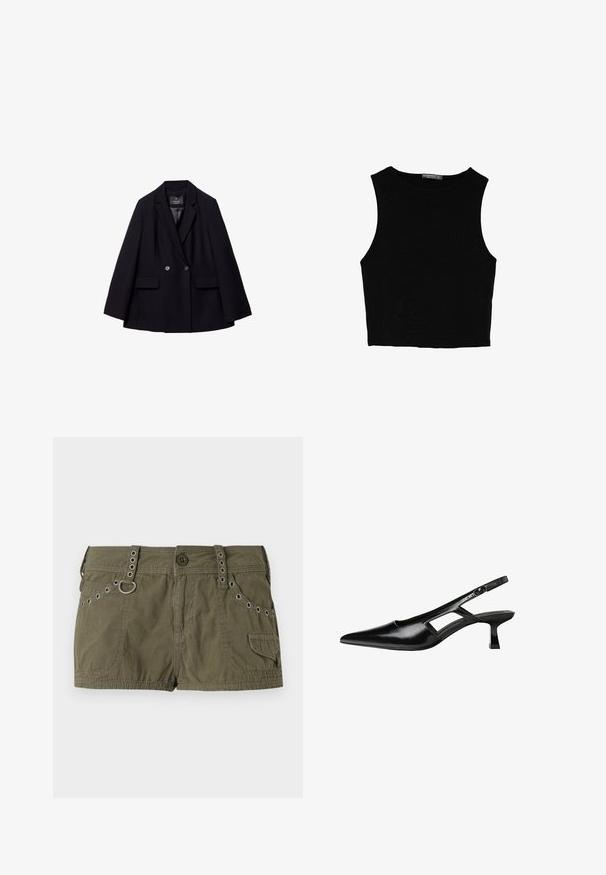 Črn dvoredni suknjič iz gladkega materiala. Ima zarezane reverje, dve sprednji žepni in dva okrogla gumba.; Črn brez rokavov crop top, izdelan iz gladkega materiala, z okroglim izrezom in čistim, preprostim dizajnom brez vzorcev ali dodatkov.; Olivno zeleni kratki hlače iz lahkega materiala, ki imajo pas z kovinskimi akcenti in stranske žepke. Teksturirana površina z detajli šivanja.; Črne patentični usnjeni salonarji s slingback designom, z zašiljenim nosom, izrezanim stranskim dizajnom in majhnim kvadratnim peto. Gladka tekstura z minimalnimi detajli.