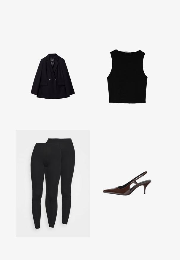 Černý dvouřadý blejzr vyrobený z hladkého materiálu. Obsahuje klopové límce, dvě přední kapsy a dva kulaté knoflíky.; Černý bezsleeve crop top vyrobený z hladké tkaniny, s kulatým výstřihem a čistým, jednoduchým designem bez vzorů nebo kovových doplňků.; Černé legíny s elastickým pasem, vyrobené z hladké, elastické tkaniny. Mají přiléhavý střih, který se zužuje u kotníků.; Hnědé lakované kožené lodičky na podpatku s špičatou špicí, otevřenými výřezy a tenkým podpatkem. Disponují nastavitelným páskem se sponou.