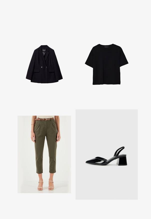 Črn dvoredni suknjič iz gladkega materiala. Ima zarezane reverje, dve sprednji žepni in dva okrogla gumba.; Črna kratkotrajna majica brez rokavov iz bombaža. Ima okroglo ovratnico in sproščen kroj z gladko, enostavno teksturo. Brez vidnih vzorcev ali dodatkov.; Olivno zelene hlače z dvojim naborom, skrajšane dolžine in rjavim pasom. Material izgleda gladek; ima stranske žepe in oprijet pas.; Črne lakirane slingback pete s koničastim nosom in geometrijsko blokasto peto. Imajo eleganten, minimalističen dizajn in gladko teksturo.