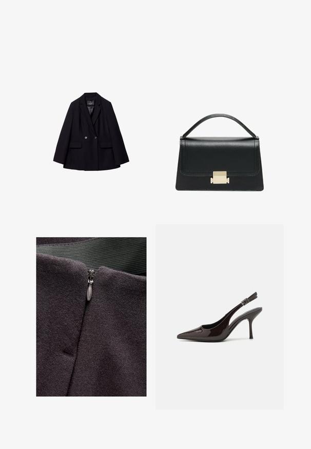 Sort dobbelbrystet blazer lavet af glat stof. Har notched revers, to forlommer og to runde knapper.; To korte ærmel t-shirts, en hvid og en sort, lavet af bomuld. Begge har en rund halsudskæring og et enkelt, klassisk design.; Lynlåsdetalje på en mørkegrå stof, med en glat tekstur og en metallisk lynlås træk, samt et grønt vævet bånd ovenfor.; Slingback højhælet sko i glat mørkebrun patenteret læder, spids tå, åbne sider og justerbar ankelrem.; Sort læderhandtaske med et struktureret design, topbærerhåndtag og en detalje i guldfarvet metalklap på fronten. Glat tekstur, minimal syning.