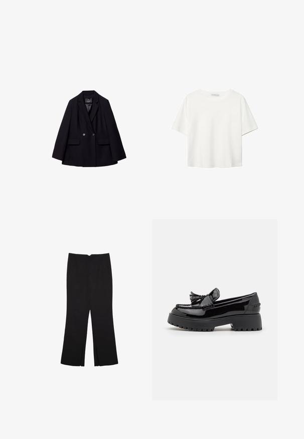 Schwarzer doppelt knopfbarer Blazer aus glattem Stoff. Verfügt über Schößchen mit Einschnitten, zwei vordere Taschen und zwei runde Knöpfe.; Weißes T-Shirt mit kurzen Ärmeln aus Baumwolle. Hat einen Rundhalsausschnitt und eine lockere Passform. Glatte Textur ohne sichtbare Muster oder Akzente.; Schwarze Hose mit geradem Schnitt, ausgestattet mit Fronttaschen und Seitenschlitzen am Saum. Hergestellt aus weichem, glattem Stoff. Geeignet für verschiedene Anlässe.; Schwarze Lackleder-Slipper mit dicker Sohle, ausgestattet mit einem dekorativen Fransen und geflochtenen Details im Obermaterial. Glatte Textur im gesamten Schuh.