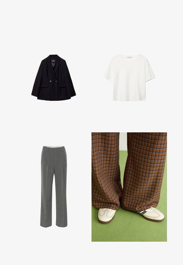 Blazer nero doppiopetto realizzato in tessuto liscio. Presenta rever a punta, due tasche frontali e due bottoni rotondi.; T-shirt bianco a maniche corte realizzato in cotone. Presenta un collo tondo e una vestibilità rilassata. Texture liscia senza motivi o dettagli visibili.; Pantaloni grigi a righe sottili con vestibilità sartoriale, fronte piatto e design a gamba larga. Realizzati in un tessuto liscio e leggero.; Pantaloni a pieghe larghi a quadri marroni e blu abbinati a scarpe bianche con dettagli neri e suole testurizzate, posizionati su uno sfondo verde.