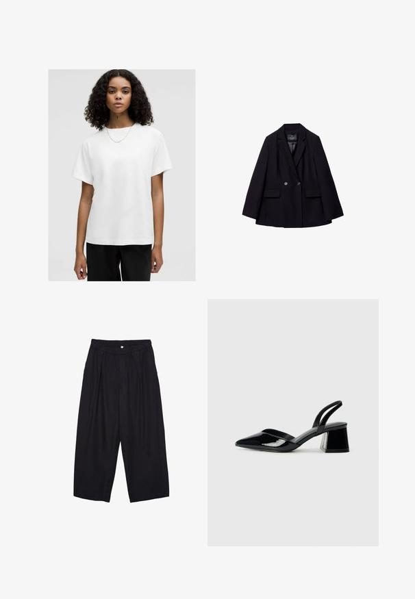 Czarna, podwójnie zapięta marynarka z gładkiego materiału. Ma klapy w kształcie litery "V", dwie przednie kieszenie i dwa okrągłe guziki.; Biała bawełniana koszulka o luźnym kroju, krótki rękaw i okrągły dekolt. Gładka tekstura, bez wzorów, noszona z prostym naszyjnikiem.; Czarne spodnie culotte z poliestru z elastycznym pasem, dwoma fałdami z przodu i luźnym krojem. Brak widocznych wzorów lub elementów metalowych.; Czarne lakierowane półbuty na obcasie z wydłużonym noskiem i geometrycznym słupkiem. Charakteryzują się eleganckim, minimalistycznym designem oraz gładką fakturą.
