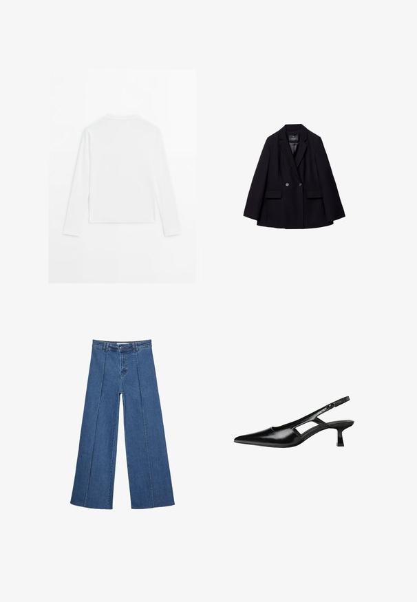 Sort dobbelbrystet blazer lavet af glat stof. Har notched revers, to forlommer og to runde knapper.; Simpel hvid langærmet skjorte, rund hals, vist fra ryggen, lagt fladt på en hvid baggrund.; Bredde ben denim jeans i mellemblå, med høj talje, knaplukning og kontrasterende lodrette sømdetaljer foran.; Sorte patentlæder slingback hæle med spids tå, udskåret sideskærm og en lille firkantet hæl. Glat tekstur med minimale detaljer.