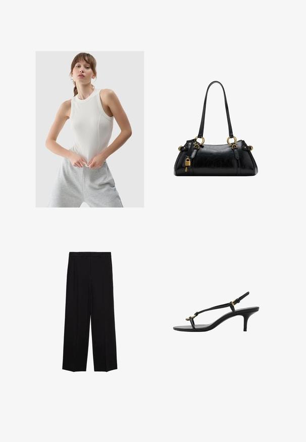Czarna, podwójnie zapięta marynarka z gładkiego materiału. Ma klapy w kształcie litery "V", dwie przednie kieszenie i dwa okrągłe guziki.; Biała, prążkowana bluzka bez rękawów z wysokim dekoltem, zestawiona z jasnoszarymi dresami, eksponująca miękkie tekstury i luźny krój.; Czarne spodnie o szerokich nogawkach z gładkiego materiału, z plisami z przodu i bocznymi kieszeniami, zaprojektowane w prostym, luźnym kroju.; Czarne skórzane sandały na koturnie z cienkimi paskami, złotą klamrą i minimalistycznym pętelką na palce na białym tle.; Czarna skórzana torebka o gładkiej fakturze, zaokrąglonym kształcie, złotych akcentach metalowych i podwójnych uchwytach. Posiada dekoracyjny zamek z boku.
