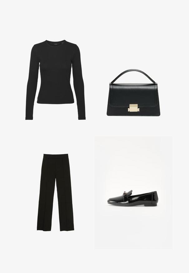 Crni dvostruko kopčani sako napravljen od glatkog materijala. Ima rever s izrezom, dvije prednje džepove i dva okrugla dugmeta.; Crna majica dugih rukava izrađena od rebrastog materijala. Ima okrugli izrez i prilagođeni kroj bez vidljivih uzoraka ili naglasaka.; Crne široke hlače izrađene od glatkog materijala, s uskim pojasom i suptilnim prednjim naborima za dodatnu teksturu.; Crni lakirani loafer s ravnim potplatom, zaobljenim prstom i ukrasnom trakom s zlatnim akcentom. Glatka, sjajna površina.; Crna kožna torba s strukturiranim dizajnom, gornjom drškom i zlatnim metalnim kopčanjem na prednjoj strani. Glatka tekstura, minimalno šivanje.