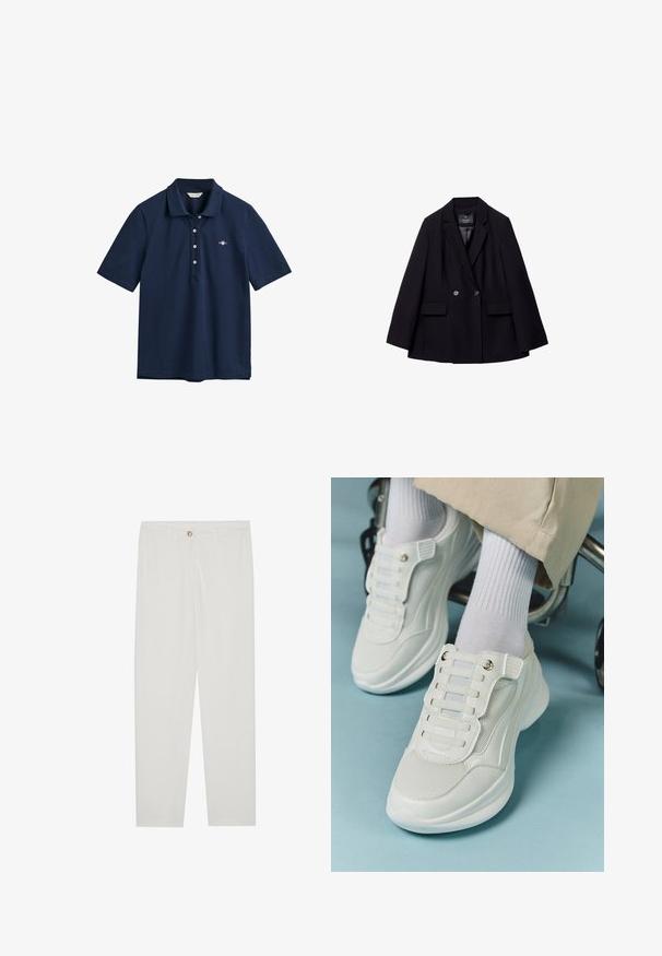 Crni dvostruko kopčani sako napravljen od glatkog materijala. Ima rever s izrezom, dvije prednje džepove i dva okrugla dugmeta.; Tamno plava polo majica napravljena od pamuka, s klasičnim kragnom, placketom sa tri dugmeta i malim logotipom izvezenim na prsima.; Bijele, krojene hlače ravnog kroja, s kopčanjem na dugme, petljama za remen i bočnim džepovima; glatka tekstura tkanine.; Bijele tenisice s mrežastim materijalom, gumeni potplat, dizajn bez vezica s elastičnim trakama i zlatnim detaljima.
