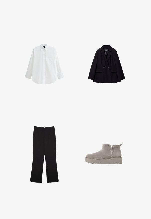 Blazer nero doppiopetto realizzato in tessuto liscio. Presenta rever a punta, due tasche frontali e due bottoni rotondi.; Camicetta bianca a maniche lunghe con bottoni, realizzata in cotone, con colletto classico, una singola tasca sul petto e una vestibilità comoda.; Pantaloni neri a gamba dritta, con tasche frontali e spacchi laterali all'orlo. Realizzati in tessuto morbido e liscio. Adatti a diverse occasioni.; Stivale alla caviglia in suede grigio, dal profilo basso, con pannelli laterali elastici e suola in gomma testurizzata. Presenta un inserto per una facile calzata.