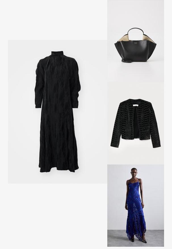 Černá zkrácená bunda s texturovaným vzorem ve tvaru zig-zag, s kovovými nitěmi pro lesk. Bez zapínání, kulatý výstřih a dlouhé rukávy.; Černé dlouhé šaty s vysokým límcem, s volnou siluetou, texturovanou tkaninou a diskrétními švy pro hladký vzhled.; Modré a fialové maxi šaty s potiskem zvířecí srsti, tenkými ramínky, přiléhavým živůtkem, rozšířeným spodním lemem a průhlednými detaily.; Ree Projects ANN TOTE MINI - Kabelka - black