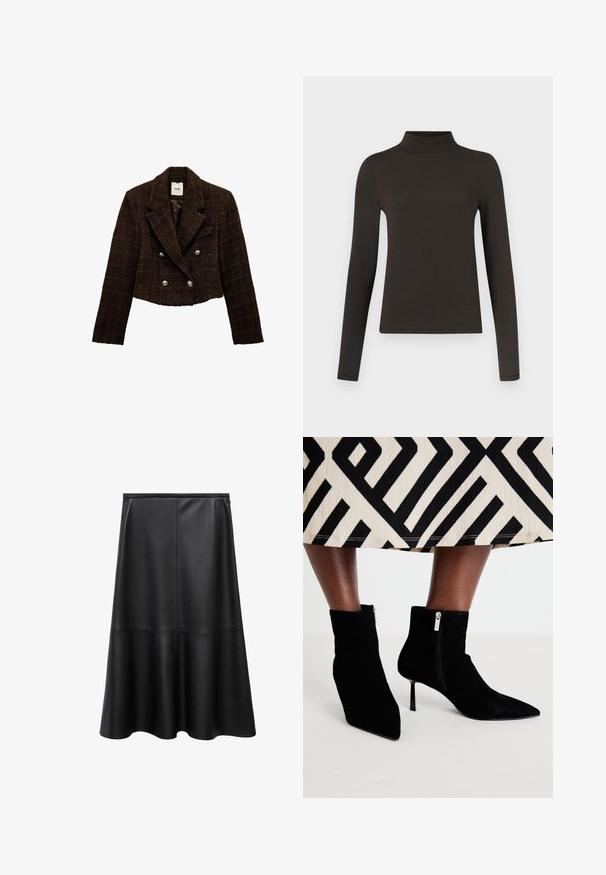 Giacca cropped doppio petto in tweed marrone con colletto a punte, bottoni argentati e finitura testurizzata. Interno foderato in un colore solido.; Maglia a collo alto a maniche lunghe di colore marrone scuro, realizzata in tessuto morbido con una silhouette aderente e un aspetto minimalista. Senza motivi o decorazioni.; Gonna in pelle nera, forma A-line, lunghezza al ginocchio, texture liscia, dettagli delle cuciture, orlo svasato e chiusura con cerniera invisibile sul retro.; Stivaletti in suede neri con punta a punta, tacchi a stiletto e cerniere laterali. La texture visiva è morbida; il design è elegante e aderente.